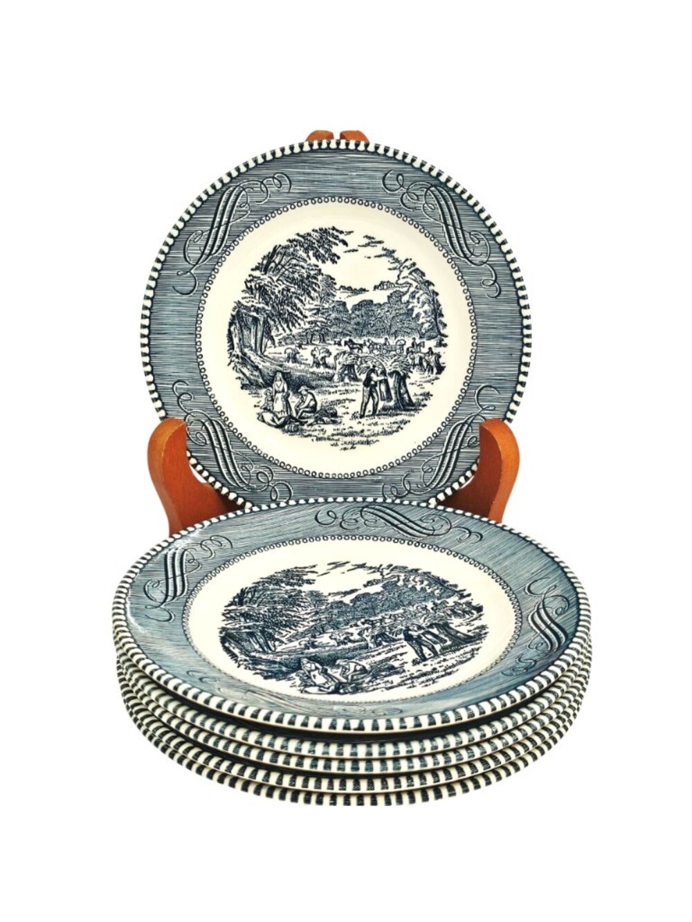 6 Currier Ives Blue Harvest Dessert Plate 5.75" Royal USA transferware ironstone - Picture 6 of 8